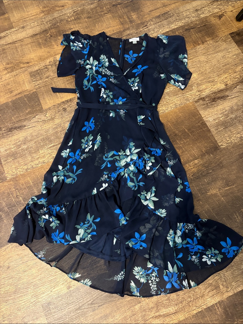 Calvin Klein Navy Blue Floral V-Neck Ruffle high low Dress
